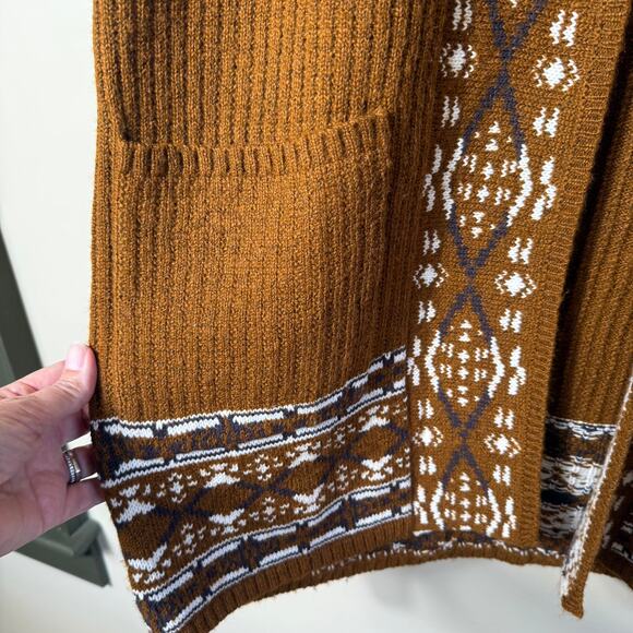 Lucky Brand Boho Knit Open Mustard Brown Cream Sweater SZ L Pockets Tribal Aztec - Picture 6 of 7
